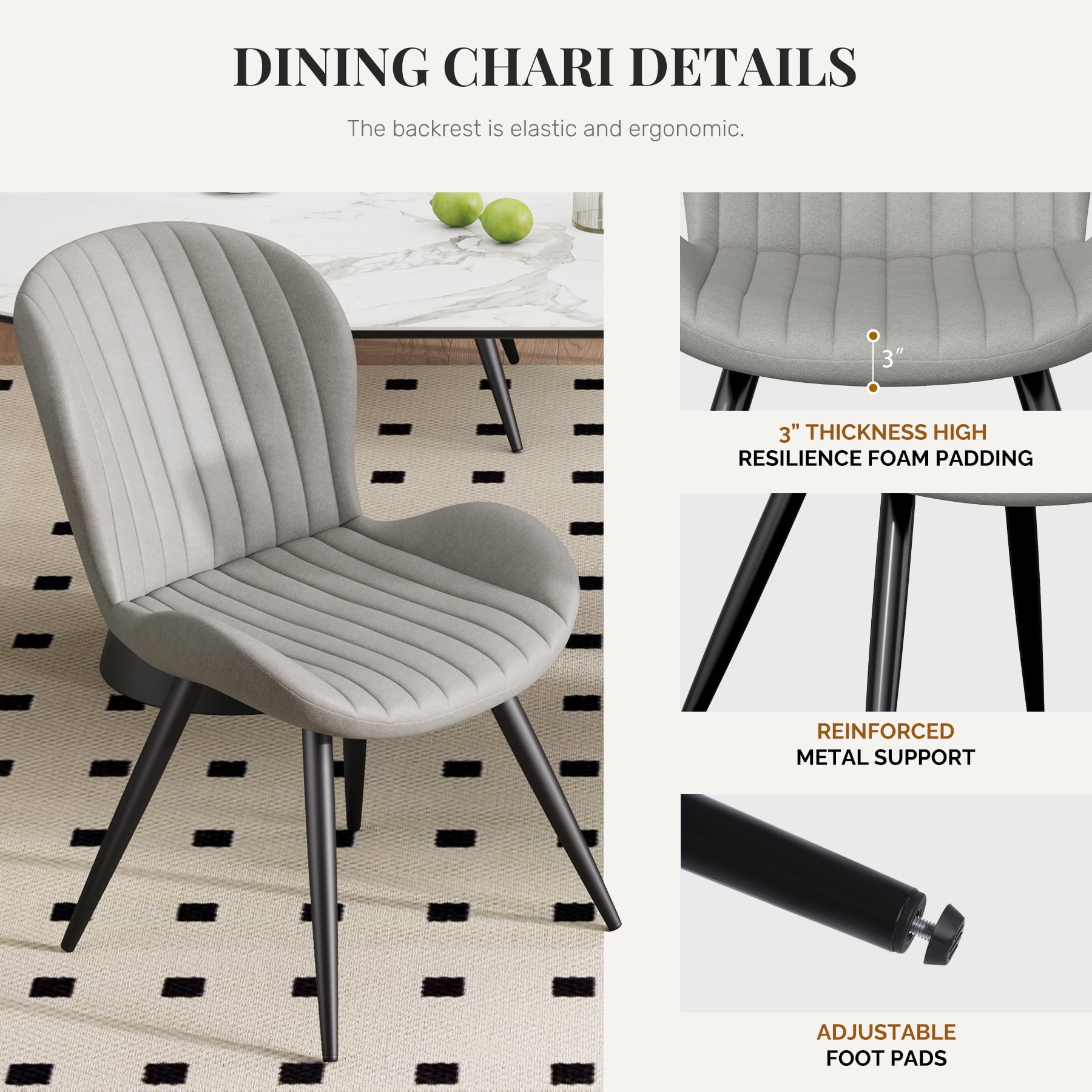 MOONMISS Dining Chairs Set of 2, Upholstered Kitchen Chairs with Backrest and Metal Legs,Gray