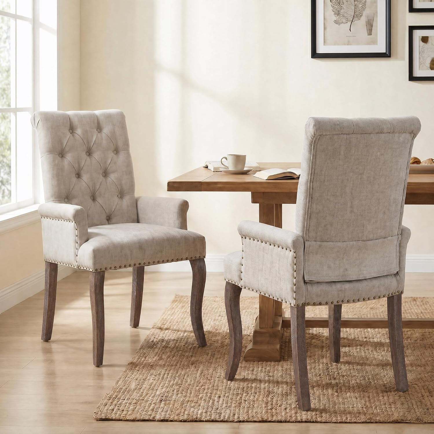 Upholstered Dining Chairs with Arms Set of 2 Greyish Beige 2 Pack | Tufted Chenille Kitchen Armchairs with Nailhead Trim for Dining Room Home Office
