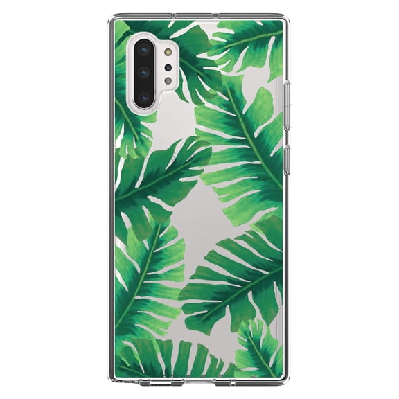 DistinctInk Clear Shockproof Hybrid Case for Galaxy Note 10 PLUS (6.8" Screen) - TPU Bumper, Acrylic Back, Tempered Glass Screen Protector - Tropical Banana Leaves
