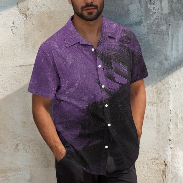 Styesk T-Shirts pour Homme Hommes Décontracté Mode Col Rabattu Imprimé Manches Courtes Chemise à Boutons Blouse