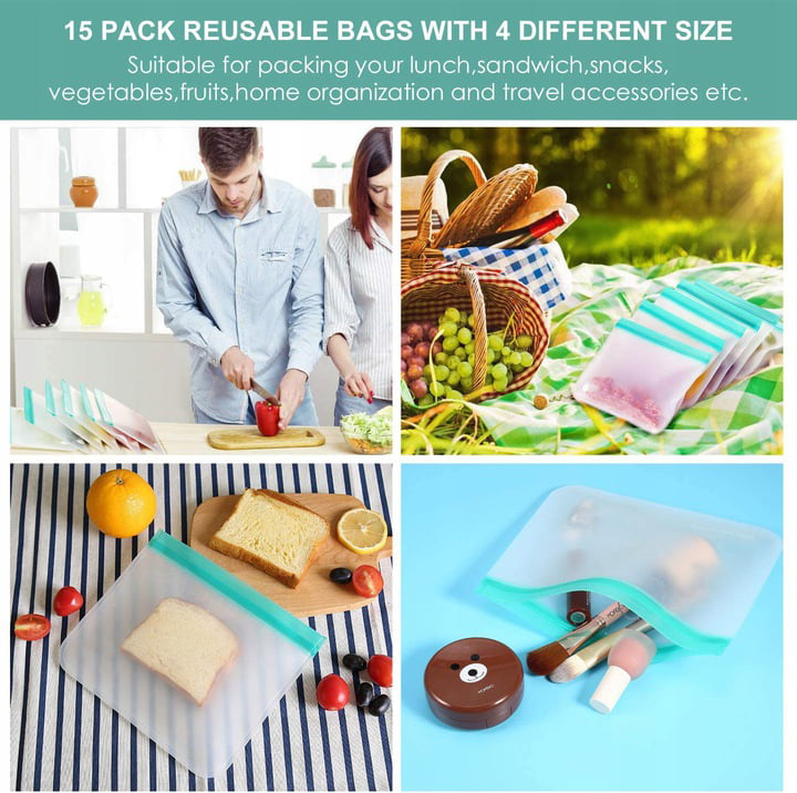 Green 8 Pack Reusable Sandwich & Snacks & Lunch Ziplock Bags Wattne Reusable Storage Bags Freezer Safe Extra Thick 0.5mm Easy Seal PEVA Material BPA/Plastic Free Baggies for Food Fruit Make-up 