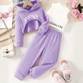 thumbnail image 2 of KEXE Girls Outfit Kids 3 Piece Layering Suit Graphic Short Hoodie Plain Inner Cami Loose Joggers（9-10 Years，Purple）, 2 of 4