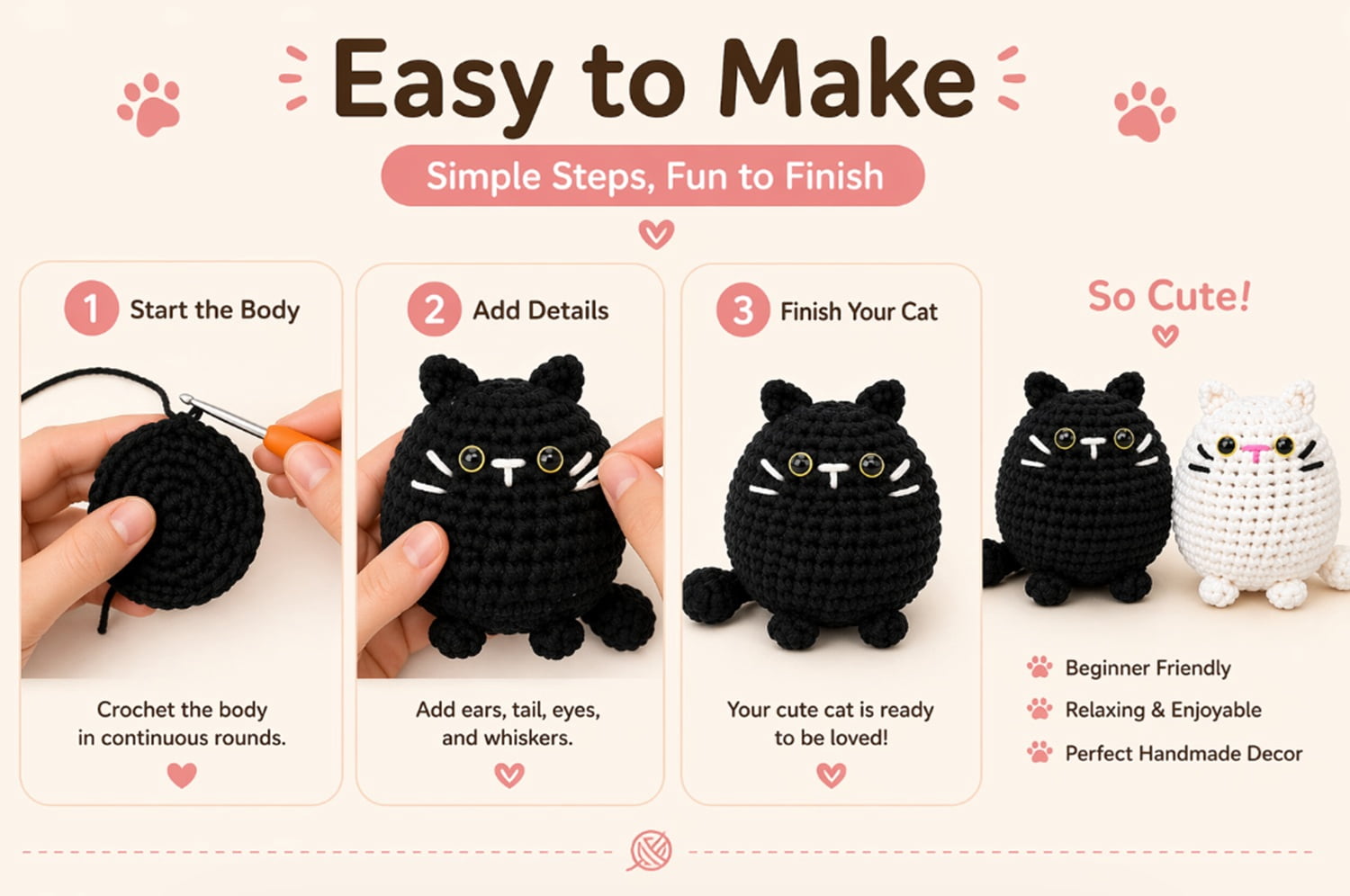 2 Pack Cat Crochet Kit for Beginners, Cat Amigurumi Starter Set with Step by Step Video Tutorials, TIKA