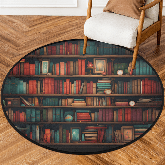 CURLYOOT Round Rug 3ft Books Old Library Area Rug, Washable Circle Mat Non Slip Floor Carpet Mat, Soft Indoor Rugs for Entryway Living Room Dining Room Bedroom