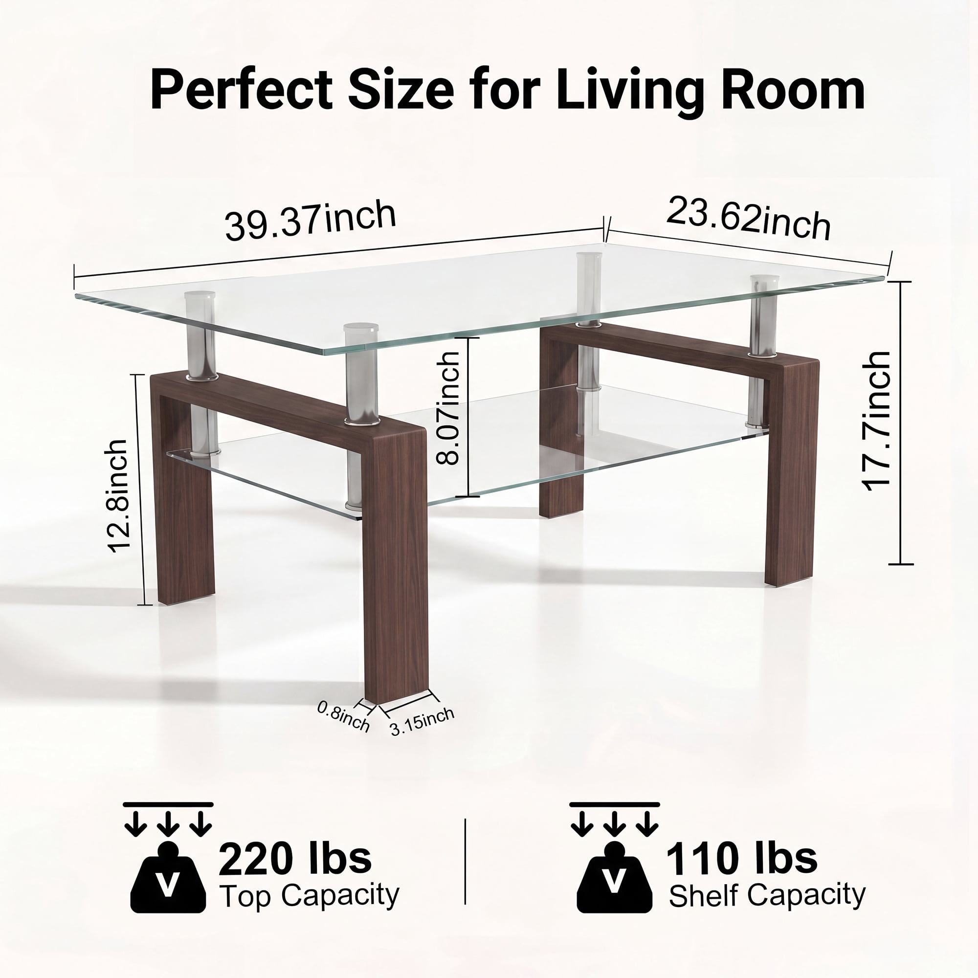 Glass Coffee Table with Lower Shelf, Holaki Modern Rectangular Tempered Glass Center Table with Metal Legs for Living Room, Walnut
