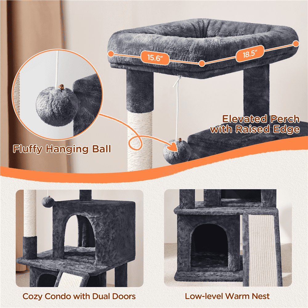 Alden Design 36" Cat Tree with Condo and Scratching Post Tower, Dark Gray