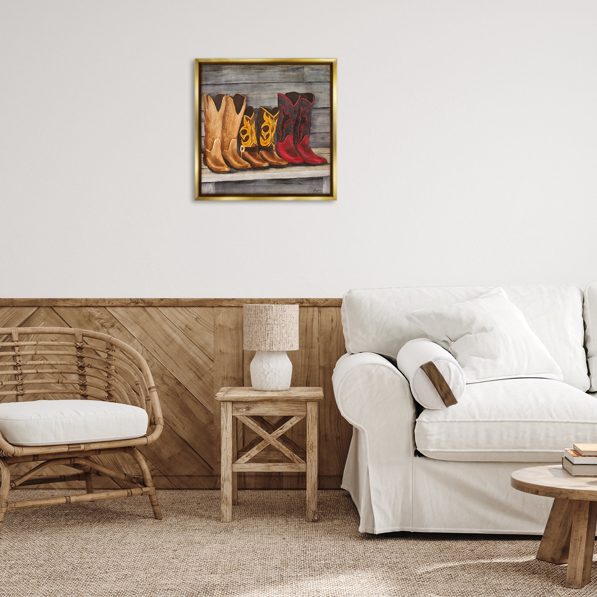 Stupell Industries Lined Up Cowboy Boots Entertainment Painting Gold Floater Framed Canvas Art Print Wall Art, 25 x 25