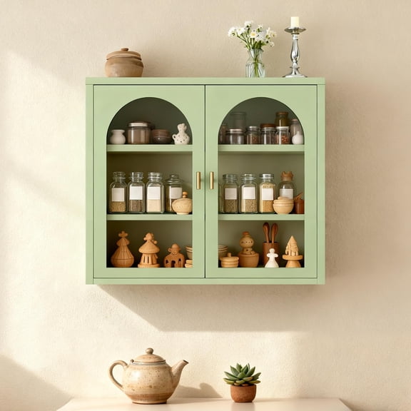 Metal Wall Cabinet with Semi-Arch Glass Doors 3-Tier Wall Mounted Storage Cabinet with Detachable Shelves Modern Medicine Cabinet for Kitchen Bathroom Living Room, Green