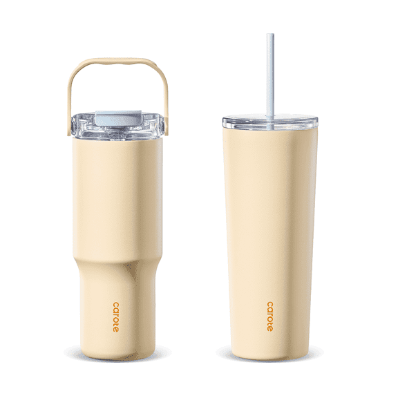 Carote 2PCS Insulated Stainless Steel Tumbler, Highlight Water Bottles with Straw Lid, 30 fl oz & 32 fl oz, Yellow