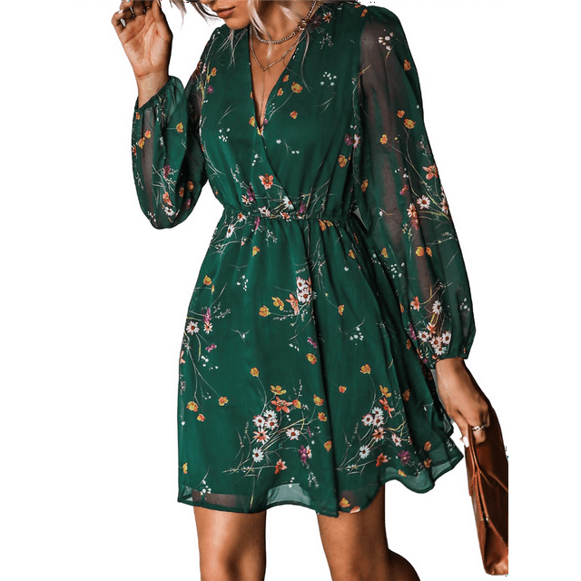 Robes Mini pour Femmes Décontractées de Printemps à Col en V en Mousseline Longues à Manches Paysannes Fluides Robe d'Été Verte P