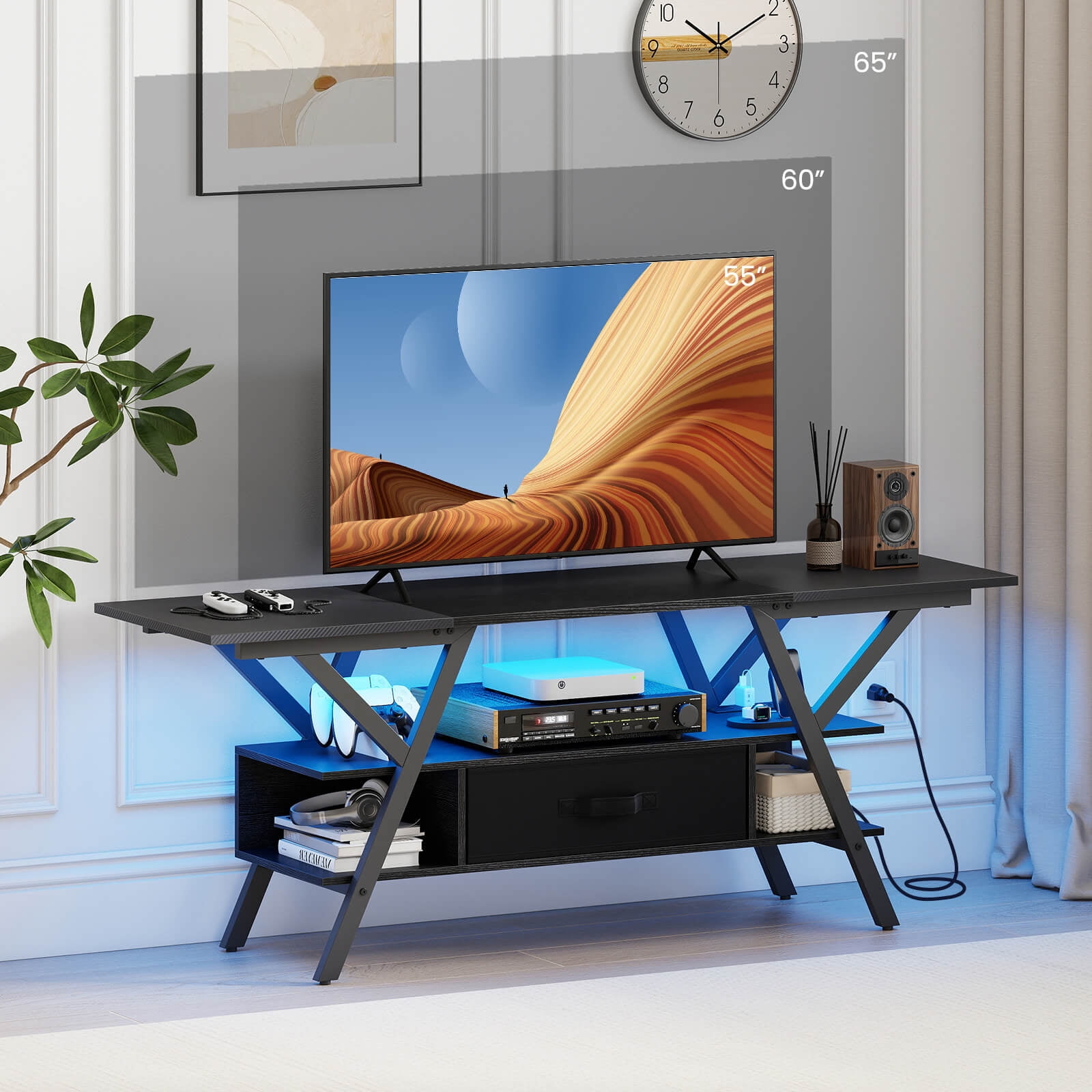 Costway 3-Tier TV Stand with Power Outlets for 65” TVs, LED Lights & Remote Storage Shelves Black