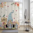thumbnail image 3 of Hello Spring Gnome Shower Curtain, Country Pink Purple Tulip Flower Gnome Floral Linen Texture Waterproof Shower Curtain Set with 12 Hooks Lightweight Bath Curtains Fabric Bathroom Decor 72x84 Inches, 3 of 9