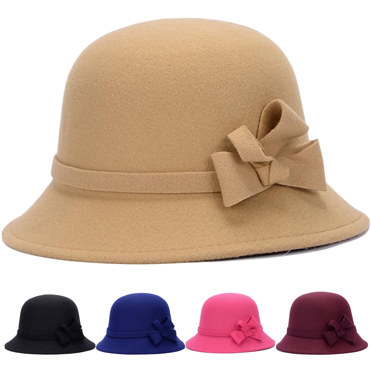 Women Winter Knit 1920s Vintage Bucket Bowler Hat Round Brim Hat, Light Khaki Women Winter Knit 1920s Vintage Bucket Bowler Hat Round Brim  main image 4