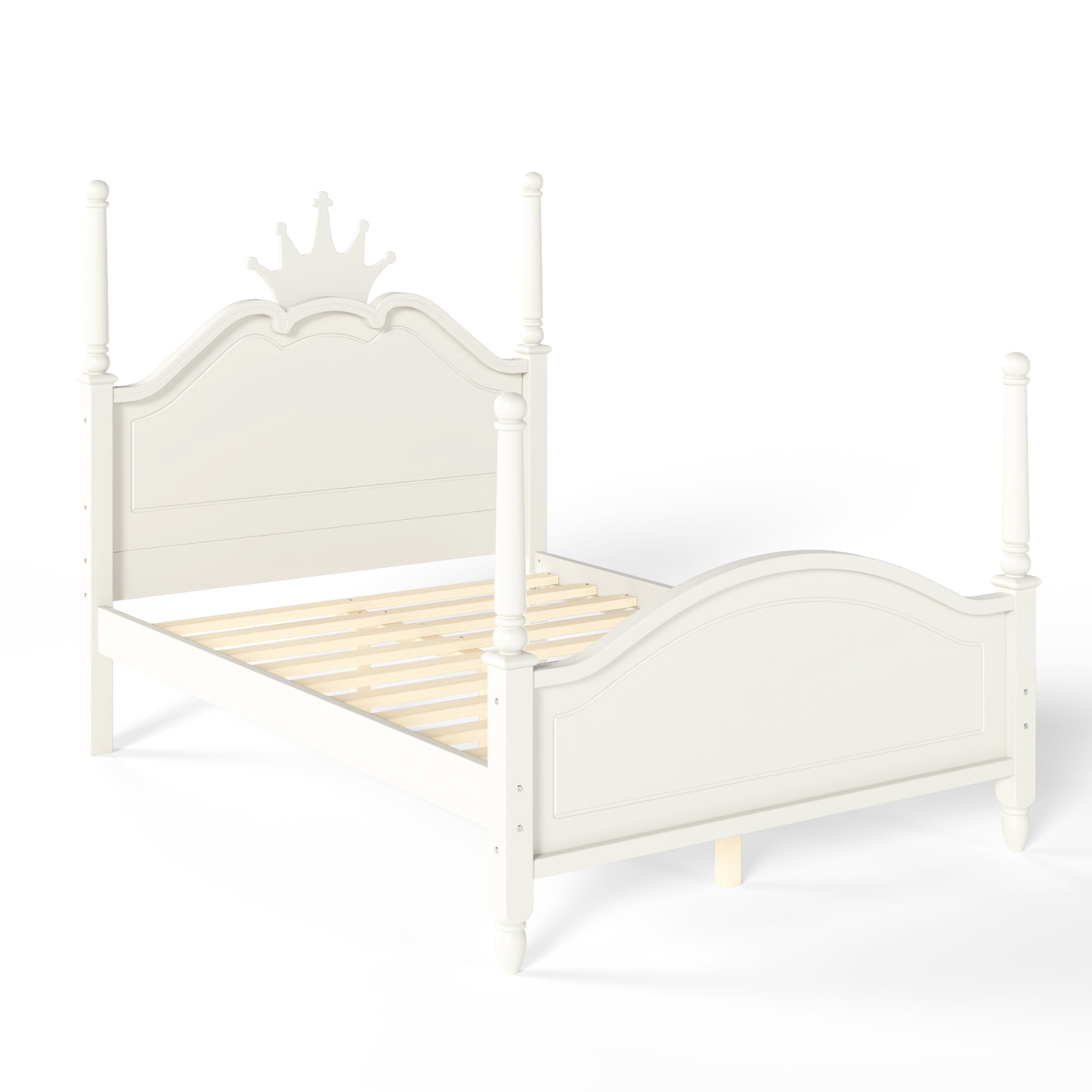 GARITIN Full Size Crown Shaped Platform Bed, Four Poster Wooden Bed Frame, Elegant Curved Headboard Bed Frame for Bedroom Guest Room, Beige