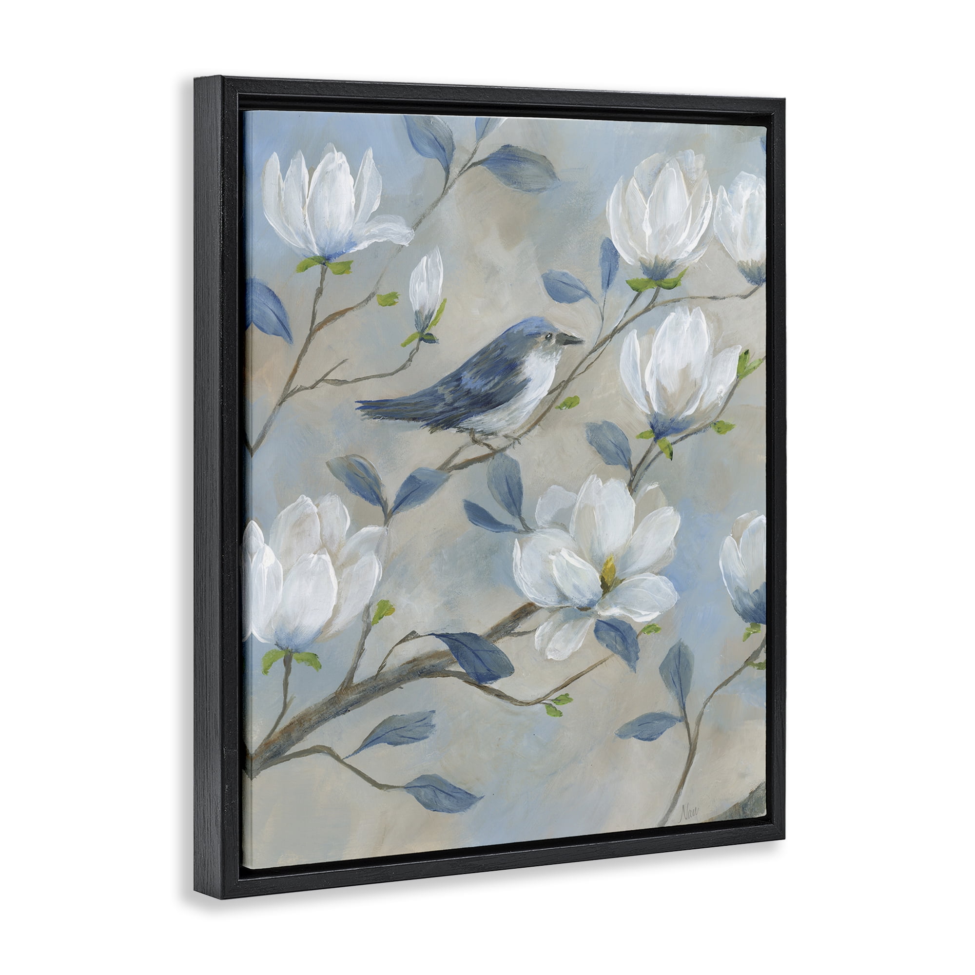 Stupell Industries Blue Bird & Magnolia Black Framed Floater Canvas Wall Art, design by Nan