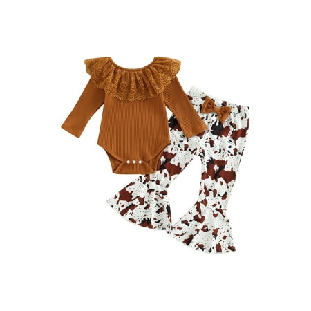 

jaweiwi Infant Girl Autumn Clothes Set Solid Color Long Sleeve Lace Ruffled Jumpsuit + Cow Spot Print Flare Trousers + Headband Size 0 6 12 18 24 M