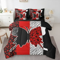Homewish Cheetah Leopard Print Bedding Comforter Set 7-Piece for Girl, Black Red Butterfly Animal King Bedding Sets, Stripes Abstract Reversible Bed Sheets, Super Cozy Room Decor