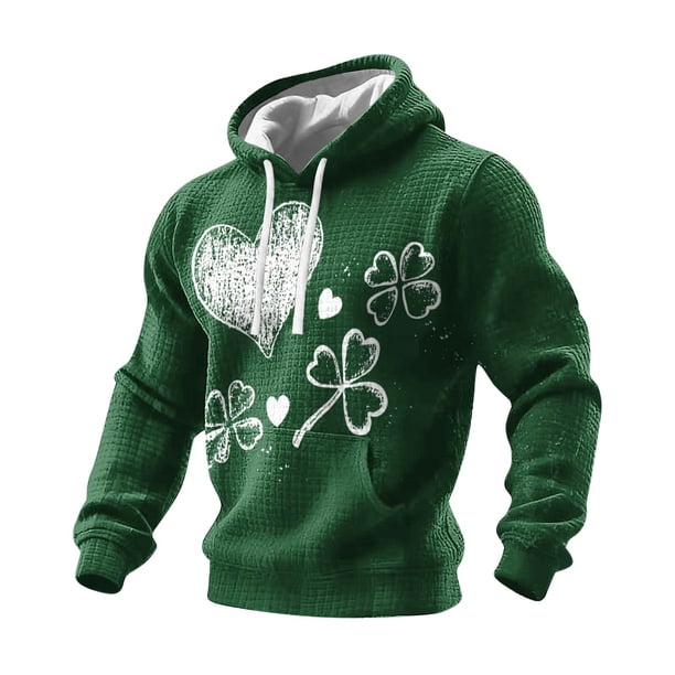 Ceisia Men's St. Patrick's Day Graphic Hoodie Casual Pullover | Distressed Heart & Clover Print Dark Green Relaxed Hooded Top Gifts