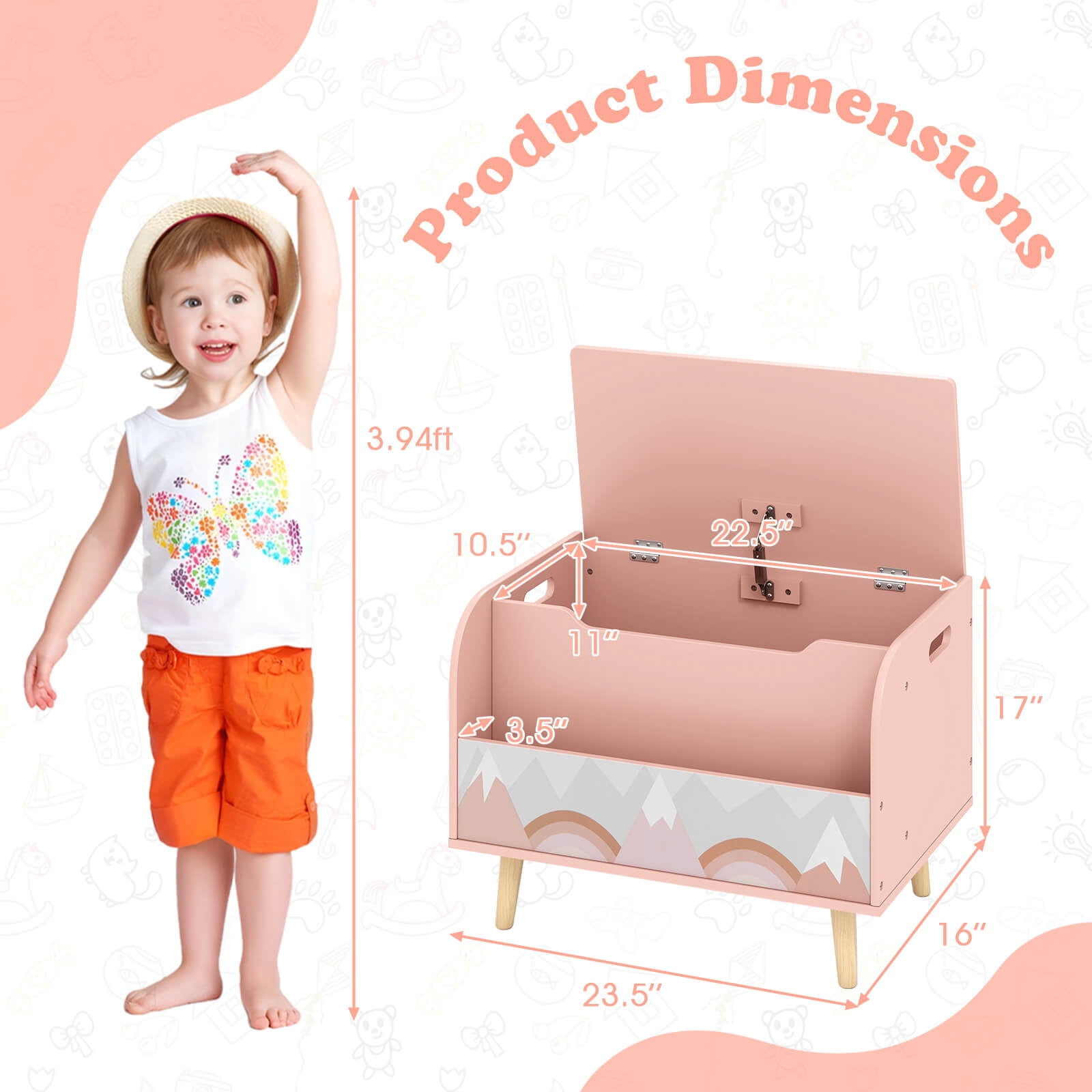 Costway Kids Wooden Toy Box with Front Bookshelf 4 Solid Wood Legs Flip-top Lid for Nursery Pink