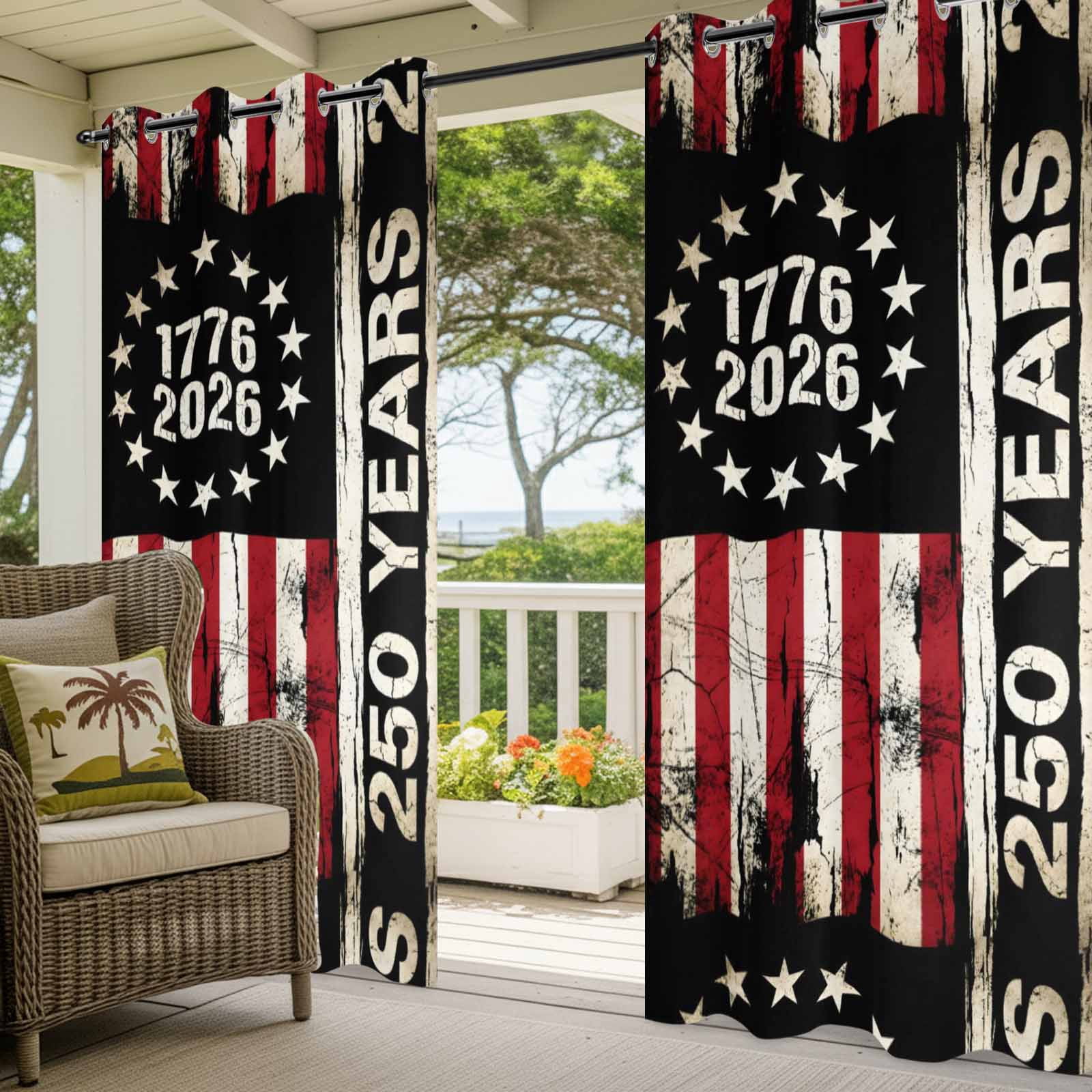 Independence Day Outdoor Curtains for Patio, 250 Years American Flag Red Stripe 4th of July Sunshade Privacy Drapes Grommet Waterproof Outside Curtains for Porch/Cabana/Balcony 54"x 108", 1 Panel