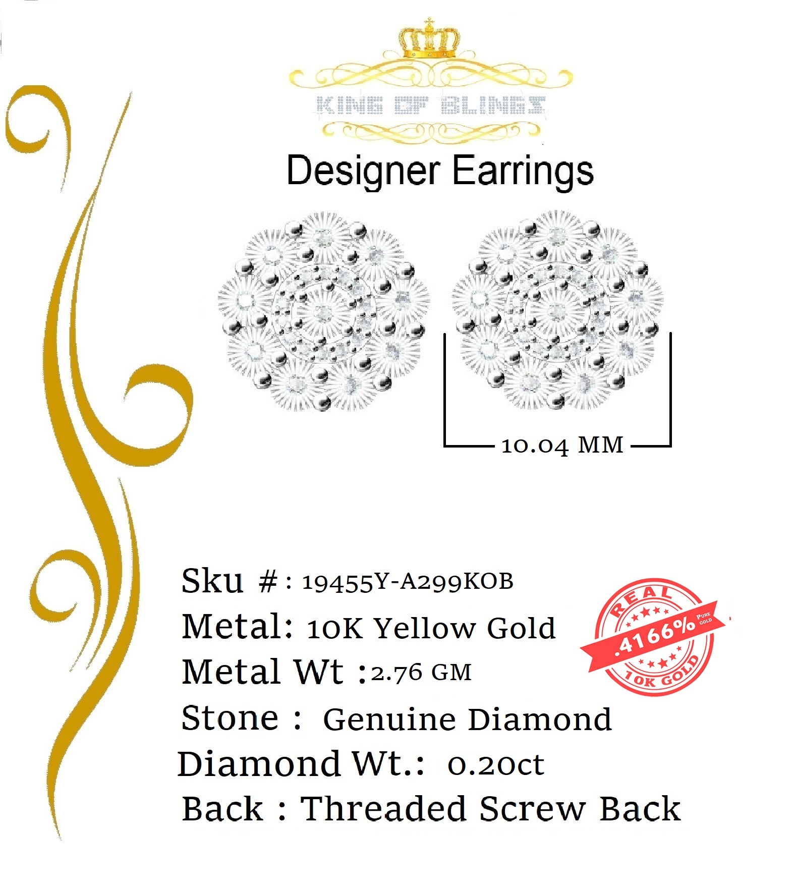 King of Bling's 10K Real Yellow Gold with 0.20CT Diamonds stud Floral Earrings For Women And Men