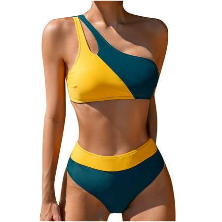 Swimsuit Clearance Sale Women 2 Piece Women s Color Blocked Bikini One Shoulder Bikini Sets Cut Out Two Piece Swimwear High Waisted Thong Set