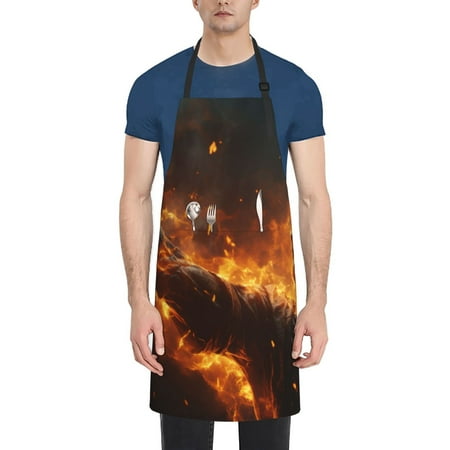 

Qekee Cool Fire Man Print Waterproof Apron with Pockets Adjustable Cooking Aprons Kitchen Bib for Baking Household Cleaning