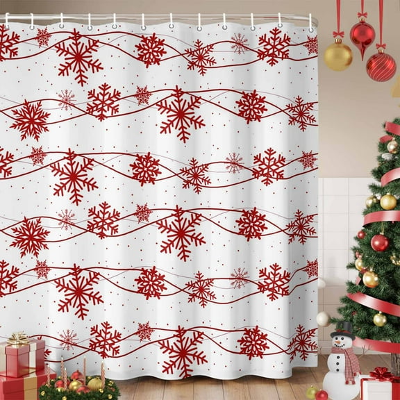 Red Christmas Shower Curtain, Winter Xmas Snowflake Wave Waterproof Fabric Shower Curtains with 12 Hooks, Bathroom Curtain Set for Bathroom Accessories Decor, 72 x 72 Inches
