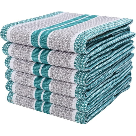 

6 Pack 100% Cotton Farmhouse Vintage Dish Towels Tea Towels Highly Absorbent Quick Dry Professional Grade with Hanging Loop - Honeycomb - 18x28 Inch - Teal Grey