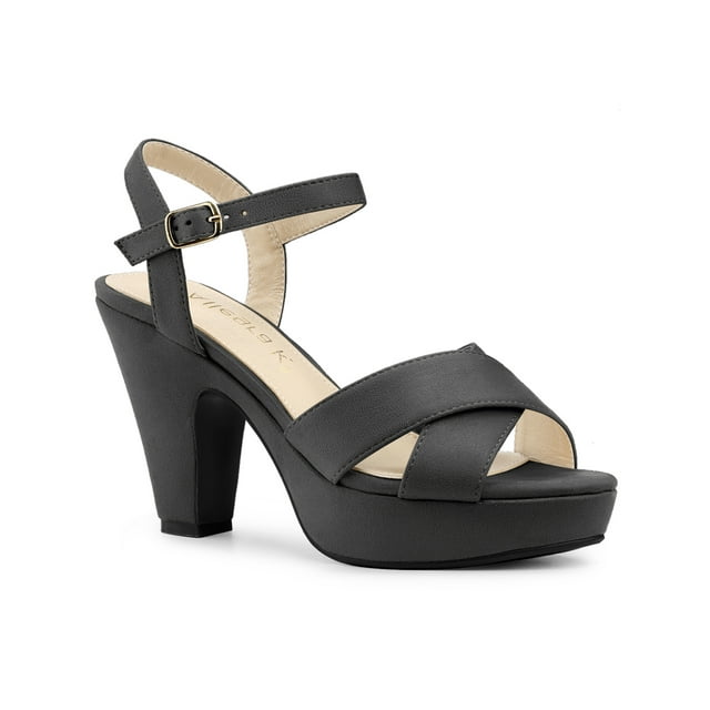 BLISSFUL STEP Women's Platform Chunky Heels Ankle Strap Sandals Grey (Size 10)
