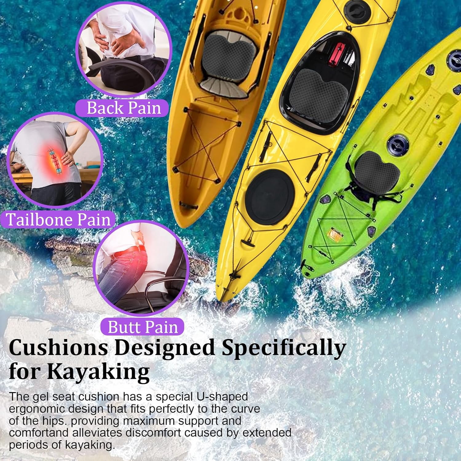 Anti-Slip Kayak Seat Cushion - Waterproof Thicken Gel Boat Kayak Canoe Rowing Stadium Pad for Sit in Kayak Chair Kayak Accessories Equipment Gear for Fishing Kayak
