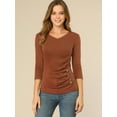 thumbnail image 3 of INSPIRE CHIC Women's Button Decor V Neck 3/4 Sleeve Solid Blouse Knitted Ruched Top, 3 of 6