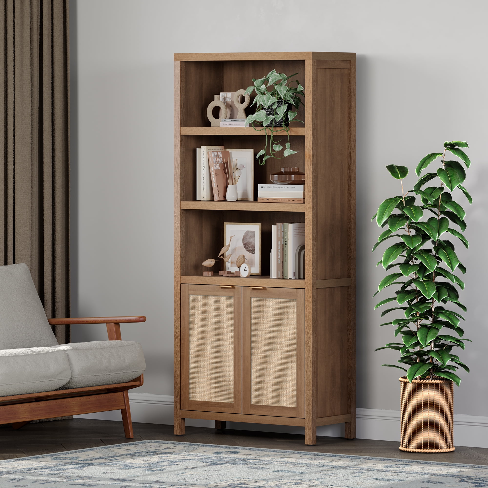 SICOTAS Rattan 5-Tier Bookshelf Set of 2, 5-Shelf Library Bookcase