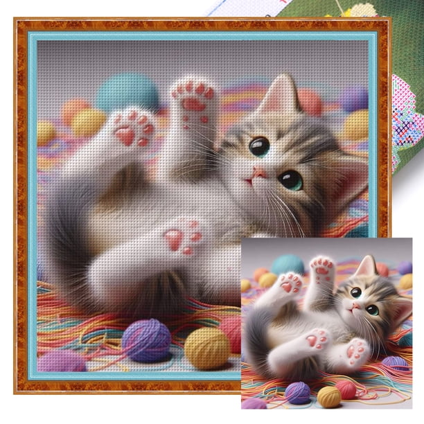 Kit Punto Cruz Gato Impreso Hilo Algodón Ecológico Bordado Arte 40x40cm 11CT