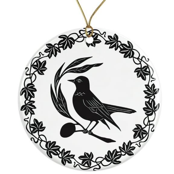 Cute Bird Simple Elegant Design Ceramic Ornament - Beautiful Classic Design - 3 Inch Christmas Tree Round Ornament - Xmas Holiday Decor - String Included - ORN0012