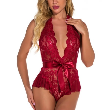 

Women Sexy Lace One-Piece Lingerie Babydoll Deep V Teddy Bodysuit Note Please Buy One Size Larger