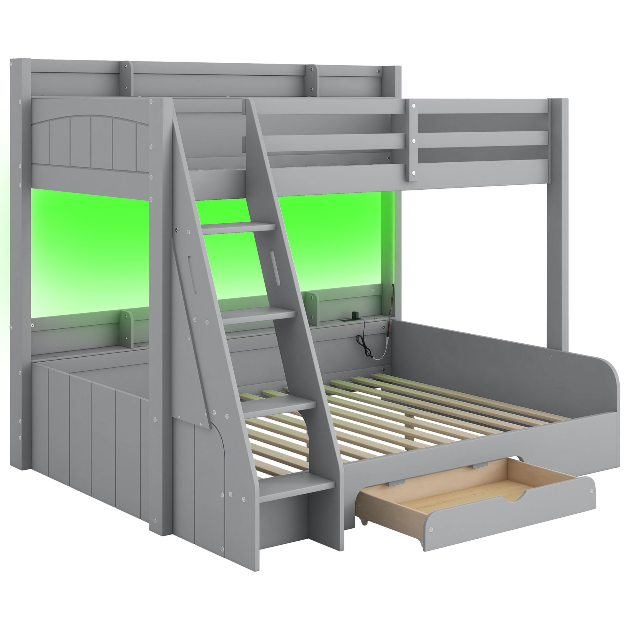 Noble House Alver Twin over Full Bunk Bed with Charging Station, LED Lighting, and Storage Shelves, Space Saving, Gray