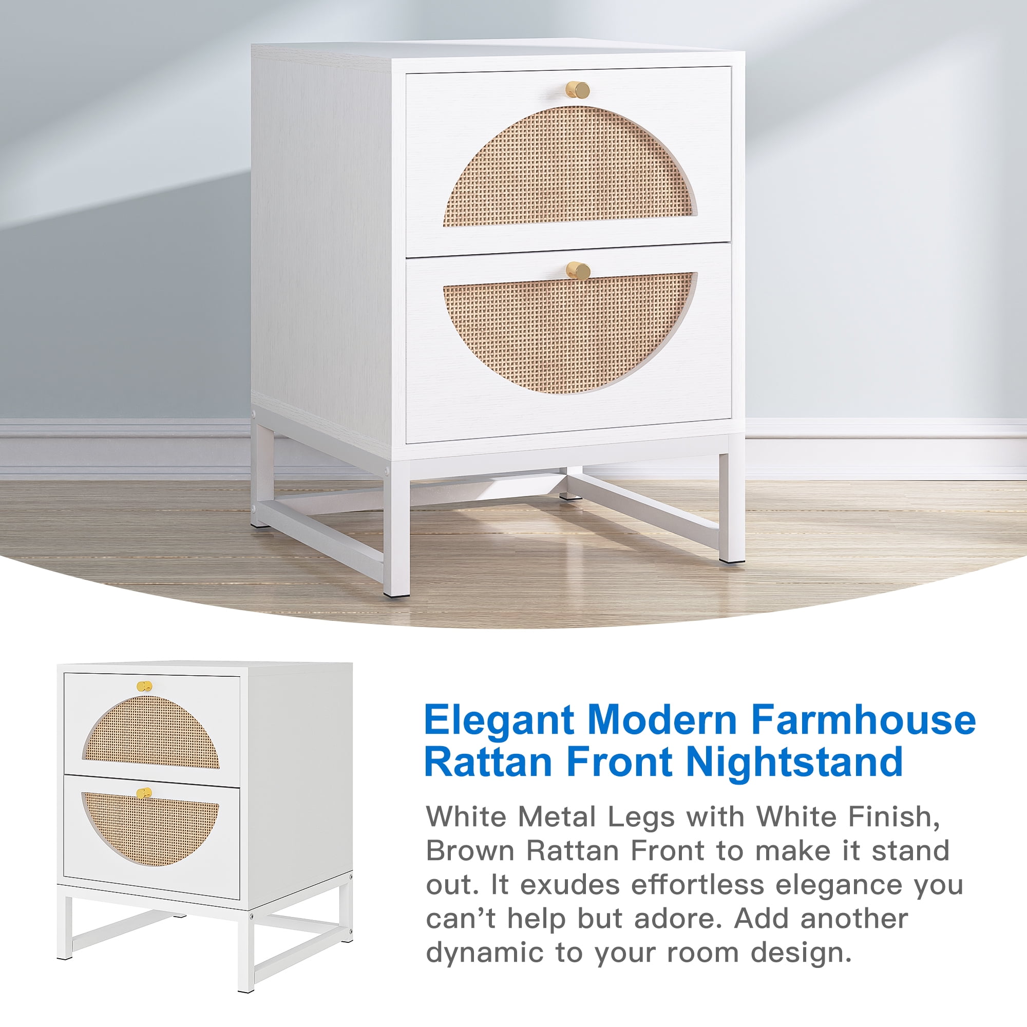 Kadyn Nightstand Set of 2, Bedside Table with 2 Natural Rattan Drawer & Metal Legs, White Side Table for Bedroom Kadyn Nightstand Set of 2, Bedside Table with 2 Natural Rattan Drawer & Metal Legs, White Side Table for Bedroom