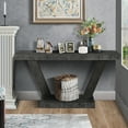 thumbnail image 4 of 60 Inches Vintage Distressed Wood Entryway Bench with 2-Tier Solid Wood Veneer Storage Cabinet, Rustic Wide Design for Hallway, Living Room & Behind Sofa, Antique Black, 4 of 5