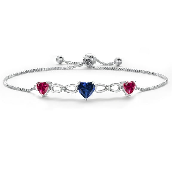 18K Yellow Gold Plated Blue Created Sapphire Created Ruby and White Moissanite Tennis Bracelet for Women | 2.00 Cttw | September Birthstone | Heart Shape 6MM and 5MM | Fully Adjustable up to 9 inch