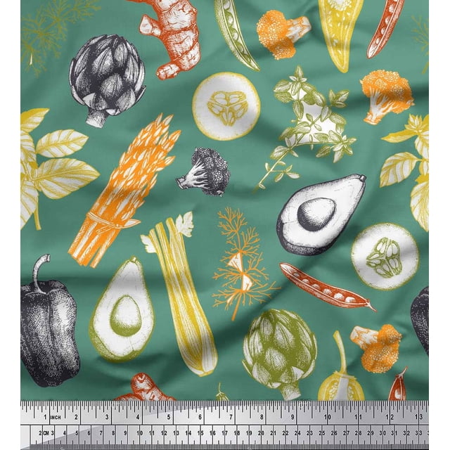 Soimoi Green Poly Georgette Fabric Mixed Vegetable Print Fabric by the Yard 52 Inch Wide