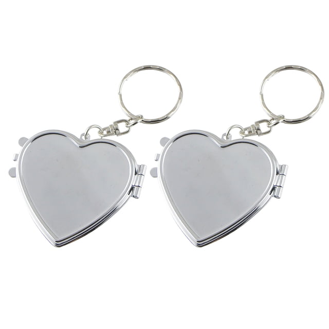 2pcs Compact Round Mirror Keychain Double sided Makeup Mirror Foldable Key Pendant (Silver, Heart Shape)