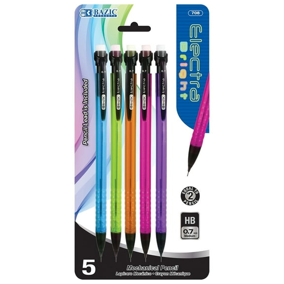 BAZIC Electra Mechanical Pencil 0.7mm, Latex Free Eraser, (5/Pack), 1-Pack