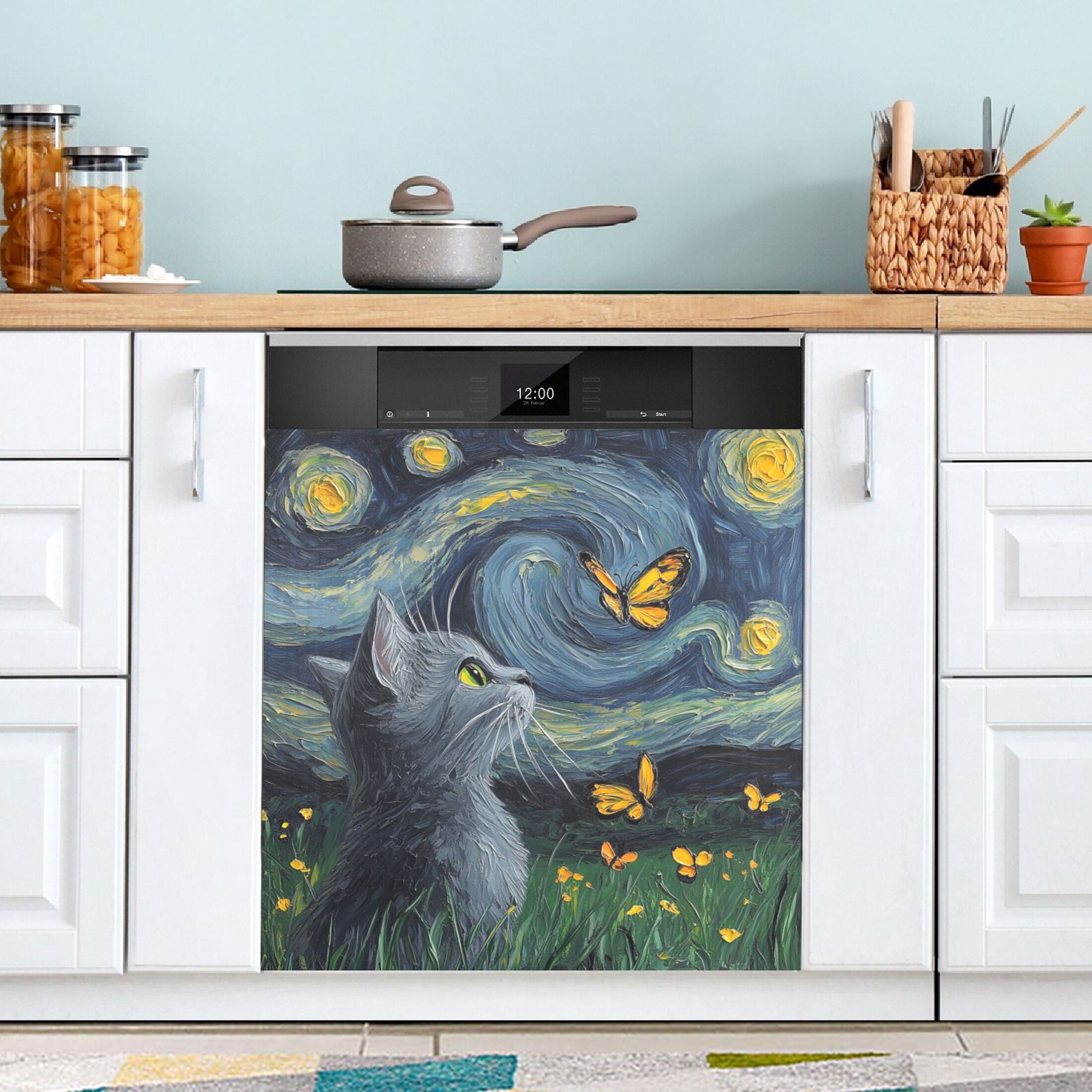 Dishwasher Magnetic Sticker 23x26 Inch Refrigerator Magnetic Sticker Washing Machine Magnetic Sticker Kitchen Panel Magnetic Sticker Home Decor Beautiful Starry Sky Cat