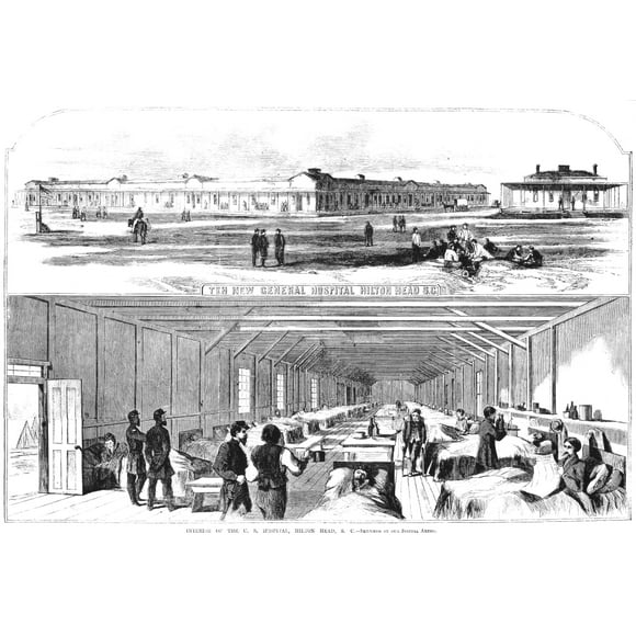 Civil War Hospital. /Nunion Soldiers At The New General Hospital At Hilton Head, South Carolina. Wood Engraving, American, C1863. Poster Print by  (24 x 36)