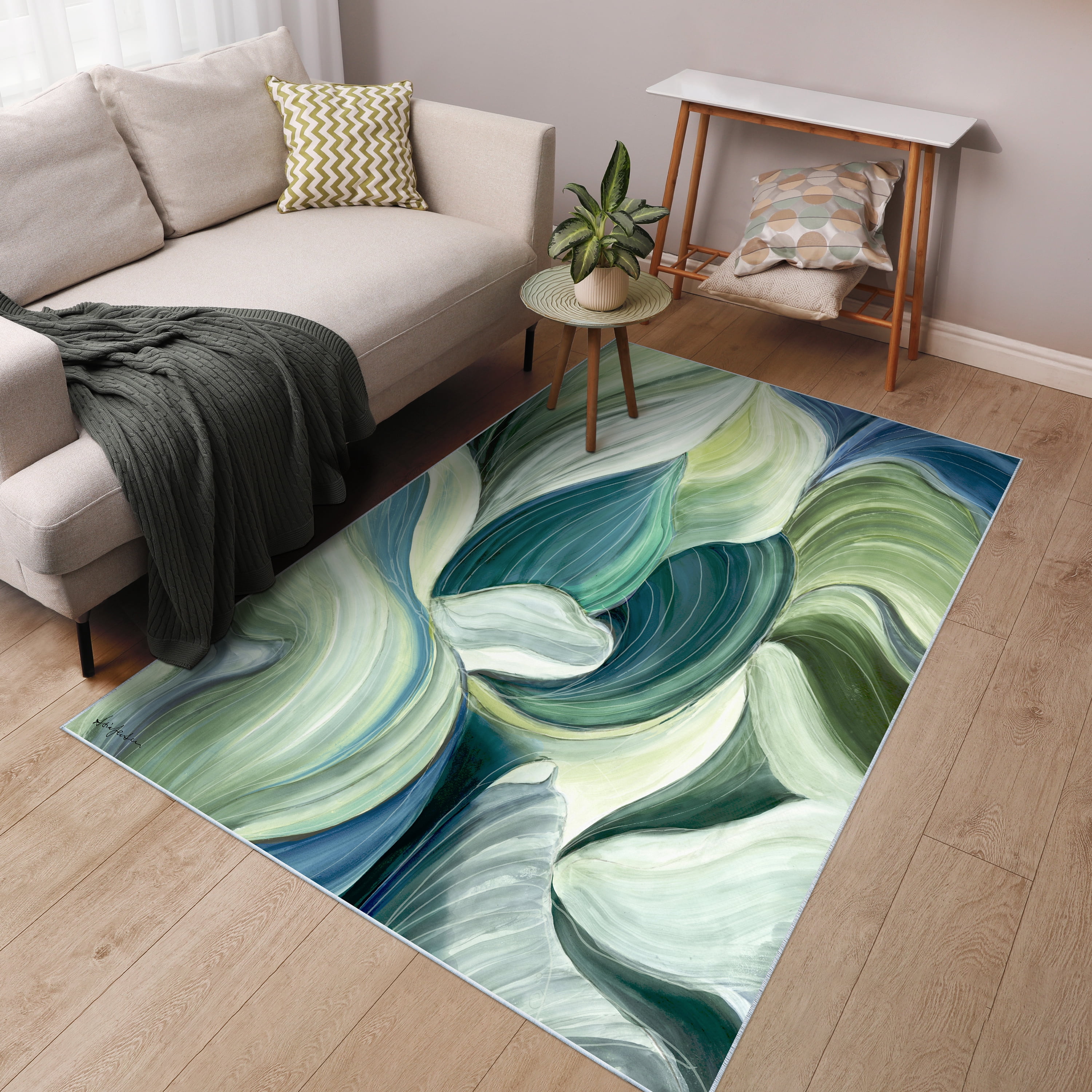 Waves of Leaves Washable Art Area Rug size 5'x8', Power-loomed, Heavenly Softness with Non-Slipping Backing