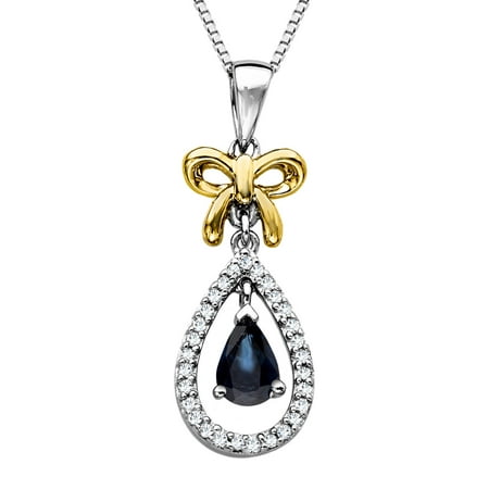 Duet 5/8 ct Natural Sapphire & 1/10 ct Diamond Bow Teardrop Pendant Necklace in Sterling Silver & 14kt Gold