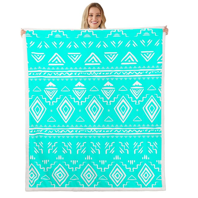 Erosebridal Bohemian Aztec Fleece Blanket 60x80, Tribal Geometric Pattern Sherpa Throw, Cyan Blue