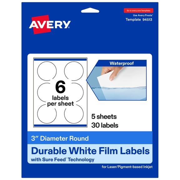 Avery Durable White Round Labels, 3" Diameter, 30 Total