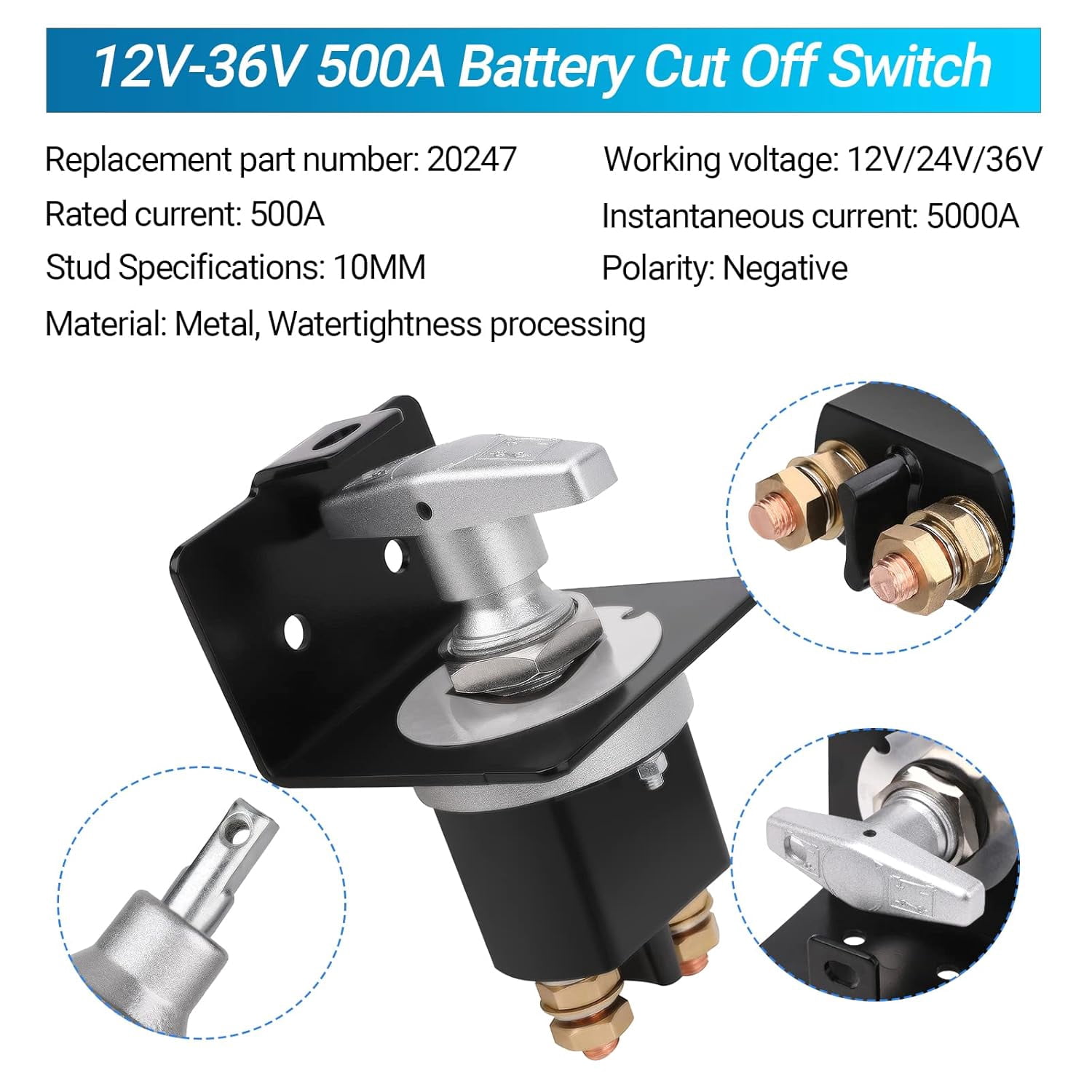 500A High Current 12V-36V Battery Cut Off Switch with Lock-Out Plate, Replace 20247, Waterproof Master Battery Disconnect Switch Fixed Handle Isolator for Car, Truck, RV, Yacht, Boat